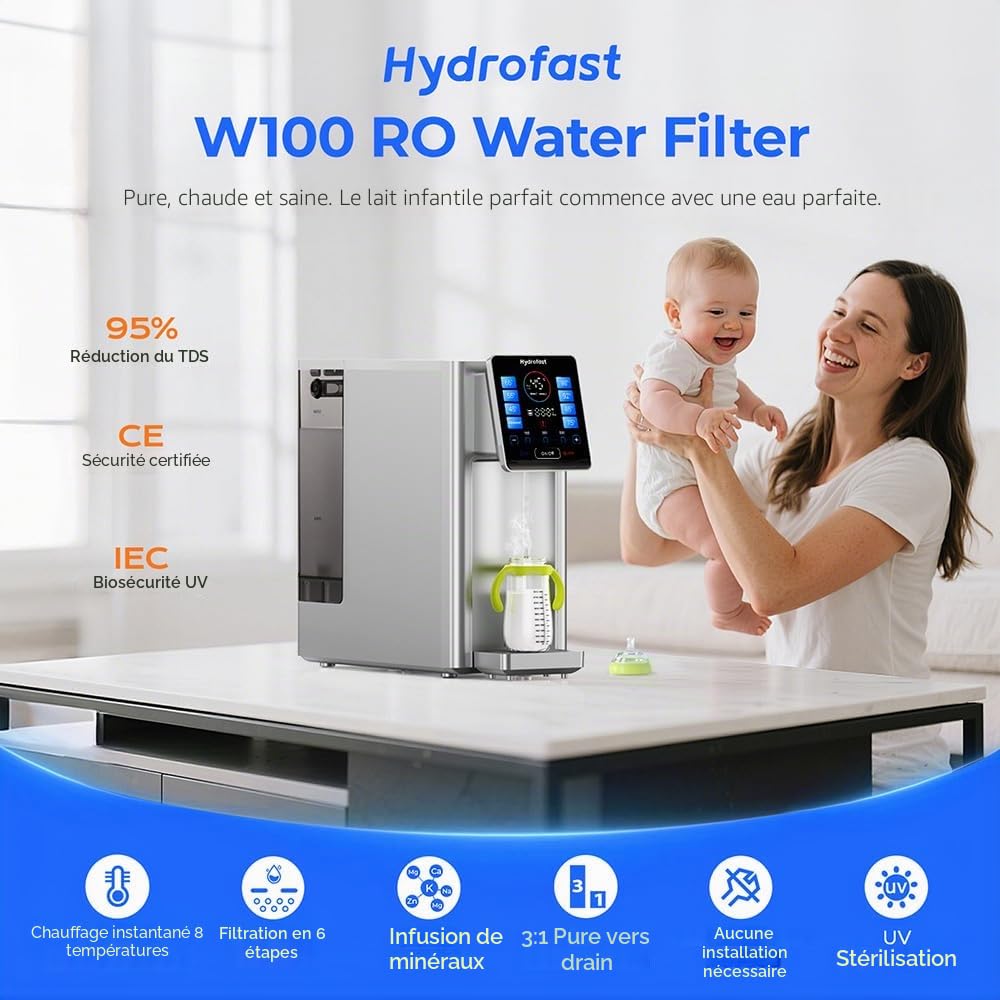 Système d'osmose Inverse de Comptoir, 6 Niveaux Distributeur d'eau Chaude Instantanée, 8 Température & 15 Volume Réglables, Surveillance TDS, Installation Zéro Gris
