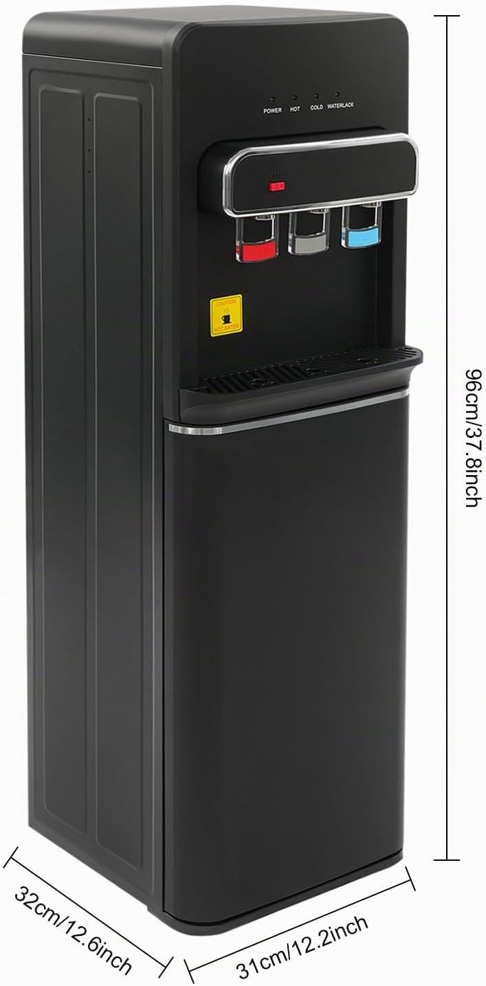 Fontaine à Eau Chargement Inférieur 3 Températures, Distributeur d'eau Chaude (550W) et Froide (75W), avec Verrouillage de Sécurité, pour Maison, Bureau et Dortoir, Noir