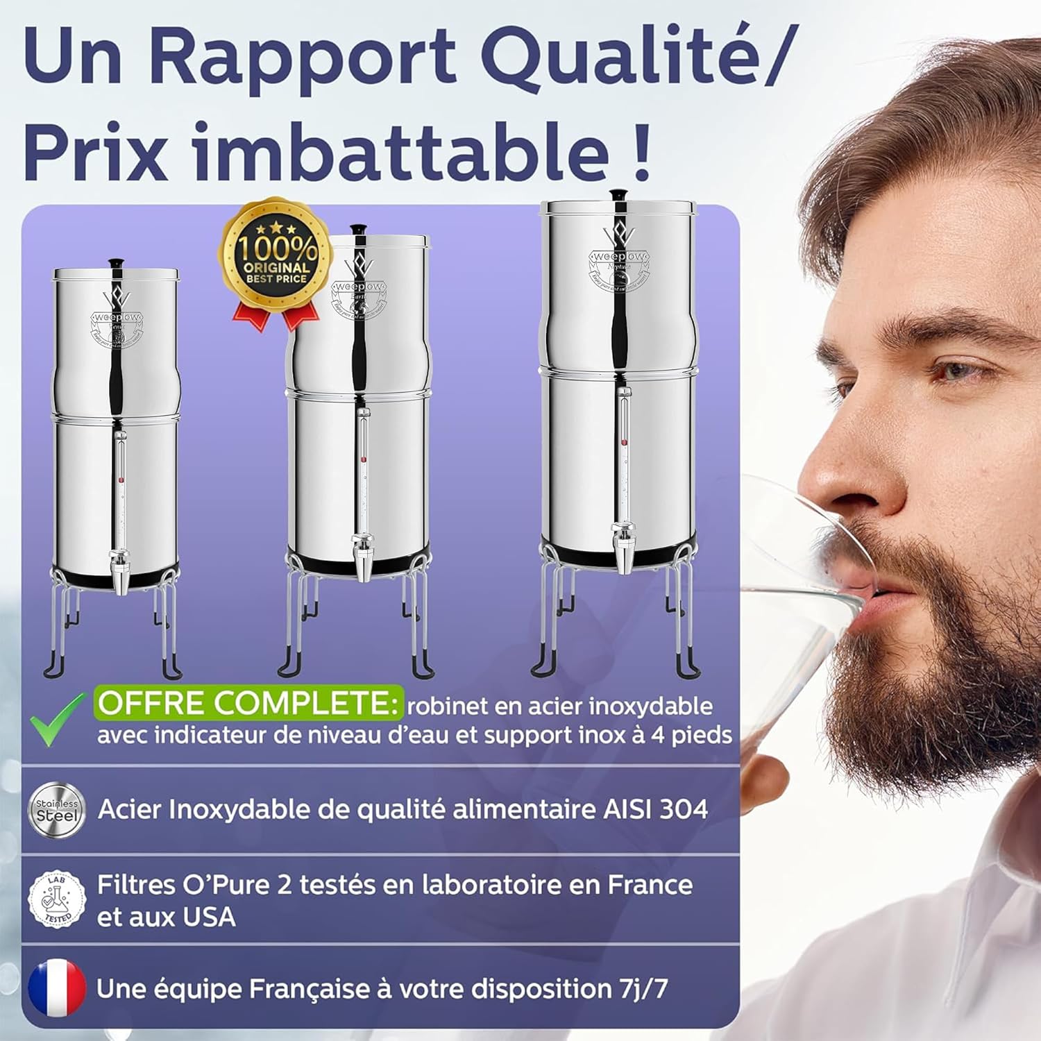 Weeplow® Neptune - Système de Filtration d'Eau par Gravité 11 Litres AISI 304 avec 2 Eléments de Purification O'Pure 2, Robinet avec Niveau d'Eau et Support Inox Offert 11L Inox