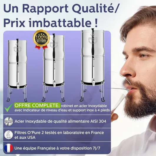 Weeplow® Neptune - Système de Filtration d'Eau par Gravité 11 Litres AISI 304 avec 2 Eléments de Purification O'Pure 2, Robinet avec Niveau d'Eau et Support Inox Offert 11L Inox
