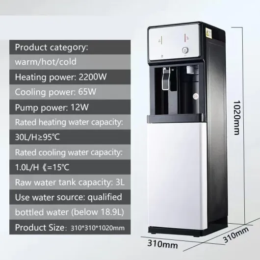 Fontaine à eau autonome avec alimentation secteur et filtration en 4 étapes – Convient pour les gymnases, hôtels, restaurants, cafés et bureaux (chaud, froid, température ambiante) 31*31*102cm