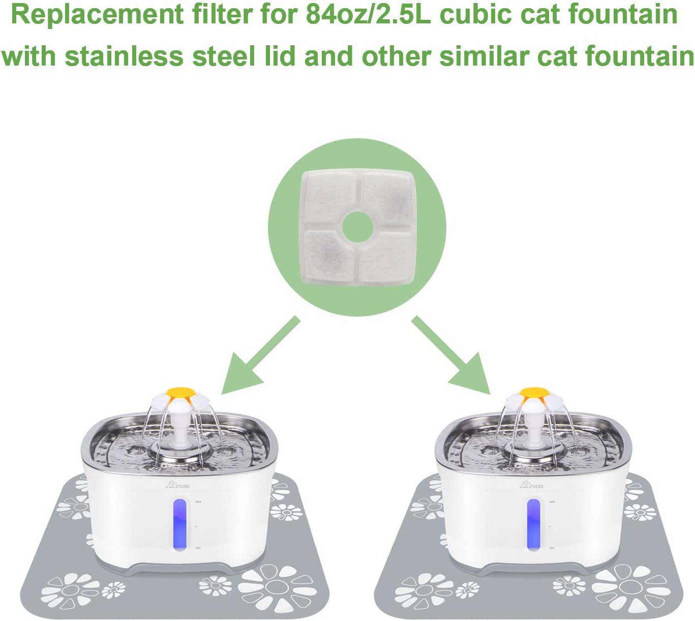Wonder Creature Filtre de fontaine à eau pour chat, 8 filtres de rechange et 4 éponges pré-filtrantes de rechange pour fontaine cubique de 2,5 L en acier inoxydable, distributeur d'eau elliptique Lot de 8 + 4