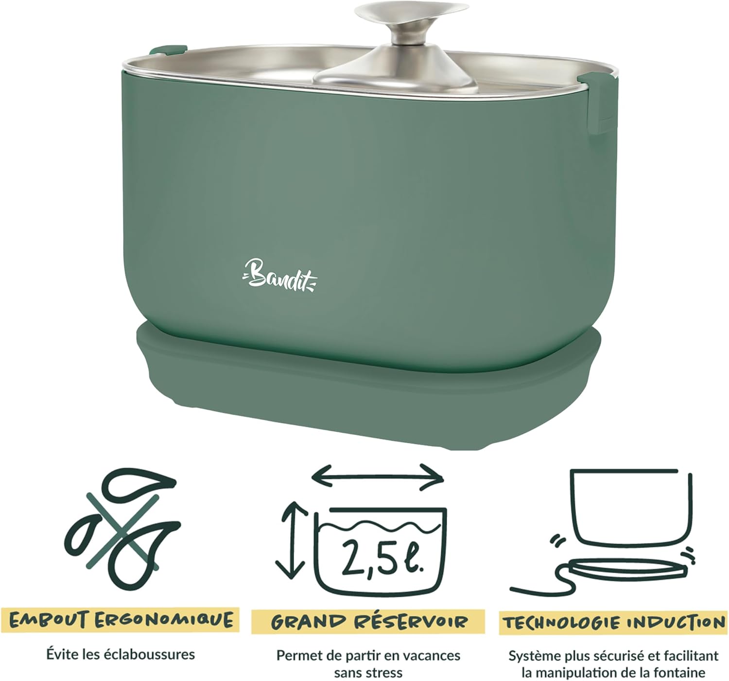 Bandit - Fontaine à Eau Filaire pour Chat 2,5L - Filtration 4 étapes - Ultra silencieuse inférieure 30dB - Acier Inoxydable - Plateau et Embout Compatibles Lave-Vaisselle - Vert