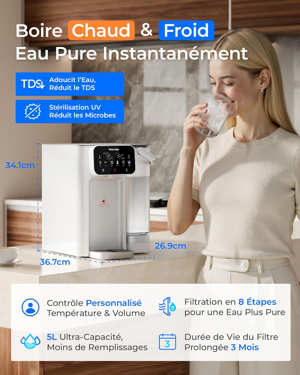 CT01 Chaude & Froide Distributeur d'eau avec Filtre, Réduit TDS, Calcaire & Chlore, Conserver Minéraux Importants, 8 Étapes Filtration, Réglages Température Multiples (15-95 °C)