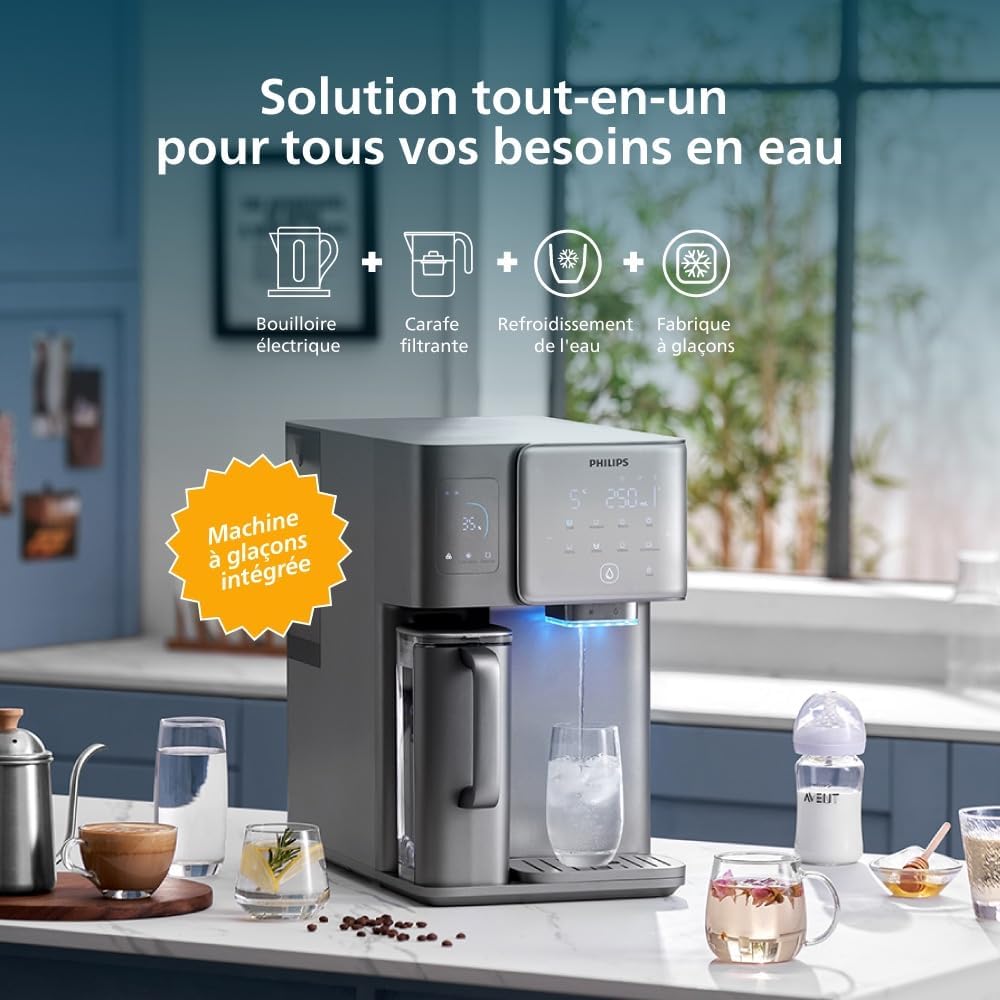 Station d'eau à osmose inverse, eau chaude et froide instantanée, machine à glaçons intégrée, UV-C, reminéralisation, moniteur TDS, réservoir de 6 litres, durée de vie du filtre d'un an.