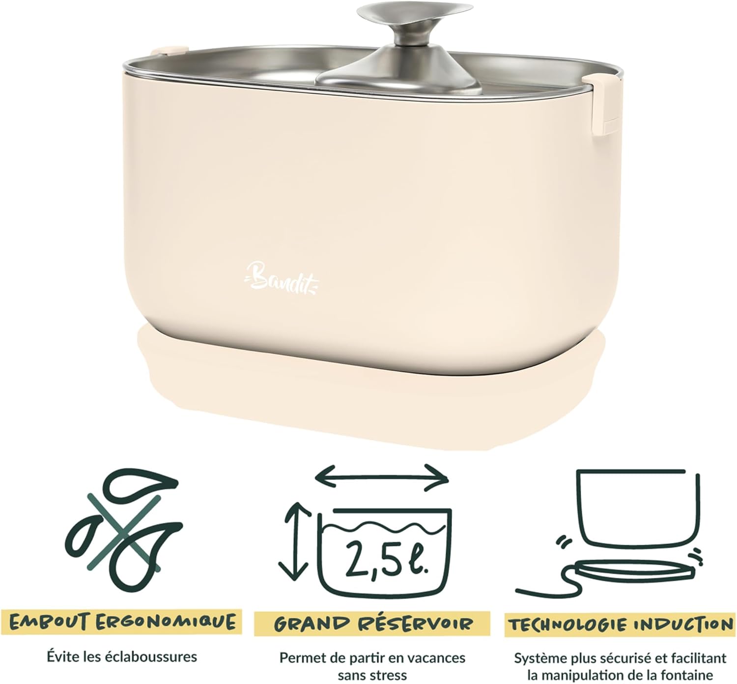 Bandit - Fontaine à Eau Filaire pour Chat 2,5L - Filtration 4 étapes - Ultra silencieuse inférieure 30dB - Acier Inoxydable - Plateau et Embout Compatibles Lave-Vaisselle - Crème