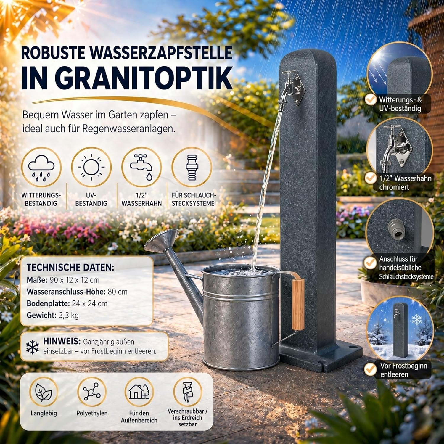 Stoneflow - Colonne d'eau de jardin - Aspect granit - Avec robinet - 90 cm - Fontaine d'extérieur - Résistant aux intempéries et au gel - Résistant aux UV - Anthracite