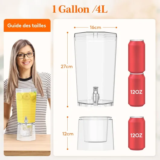 4L Distributeur de Boisson avec Robinet, Jarre Cocktail en Plastique, Fontaine Cocktail Glacées avec Support pour Jus, Limonade, Soda et Thé, Lot de 2 (en 1 Paquet) 2 4L