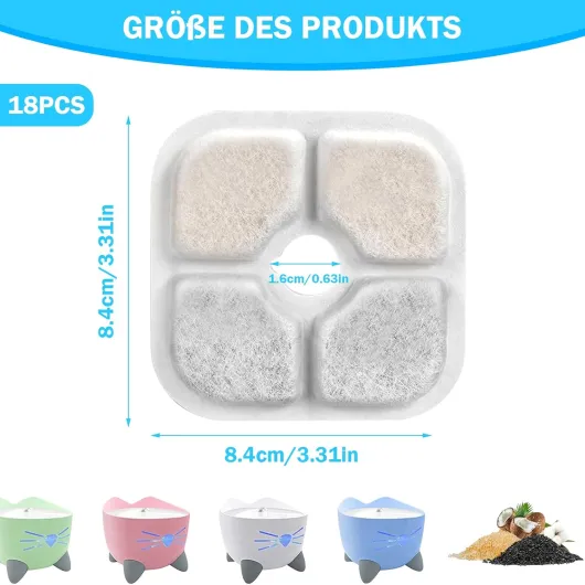 18 PCS Filtre Fontaine Eau Chat Compatible Catit,avec Système de Triple Filtration avec Résine et Charbon Actif pour Une Fontaine à Eau de 2,5 L-3L.