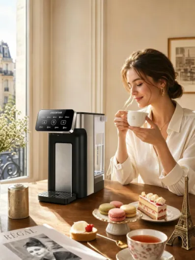Distributeur d'eau chaude en quelques secondes, Bouilloire instantanée 3L Inox, 4 Temp & 5 Volumes, 45-100°C, 100-1000ml, Plateau réglable en hauteur, Écran Tactile, Sécurité enfant