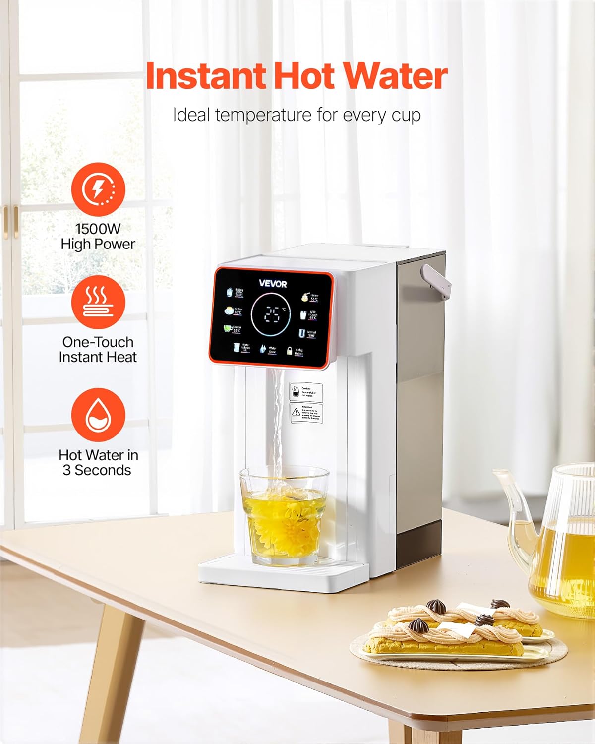 Distributeur d'Eau Chaude Instantanée de Comptoir, Fontaine à Eau Chaude avec Réservoir Amovible de 3 L, 6 Températures Réglables et 8 Volumes, Chauffage Rapide avec Écran Tactile, pour Maison 3 Litres