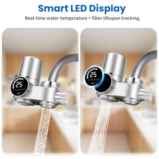 Filtre à Eau Robinet Acier Inoxydable 13 Étapes - Purificateur Eau UV Sans Batterie avec LED - Élimine Chlore/Calcaire/Métaux Lourds - Commutateur Eau Filtrée & Normale - Cartouche Longue Durée