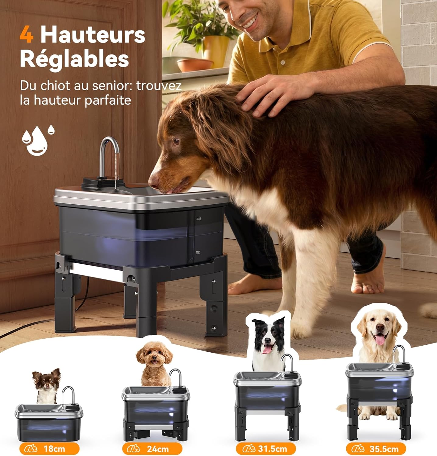 9L Fontaine a Eau Chien avec Support Réglable sur 3 Hauteurs, Distributeur Eau Chien avec 3 Filtres, Filtration à Quatre Couches, Bac en Acier Inoxydable pour Grands Animaux de Compagnie Fontaine+3 Filtres