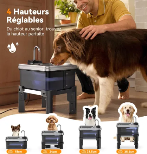 9L Fontaine a Eau Chien avec Support Réglable sur 3 Hauteurs, Distributeur Eau Chien avec 3 Filtres, Filtration à Quatre Couches, Bac en Acier Inoxydable pour Grands Animaux de Compagnie Fontaine+3 Filtres