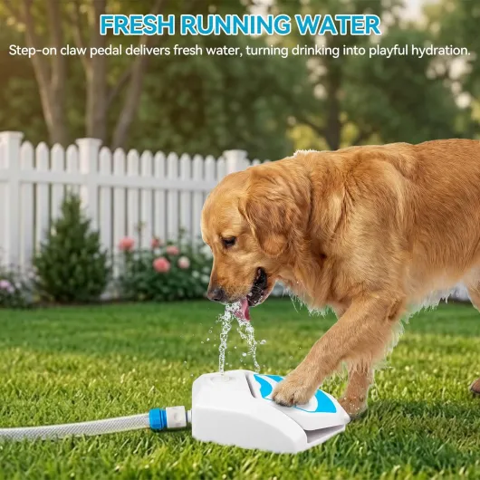 ALL FOR PAWS Fontaine de jardin pour chiens, distributeur d'eau potable pour chiens activé par la patte, jouet rafraîchissant avec connecteur et tuyau de 145 cm, distributeur d'eau pour chiens à