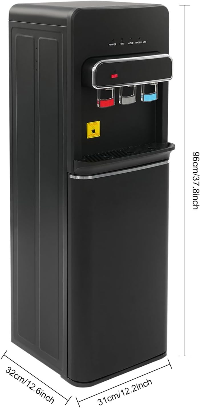 Distributeur d'eau sur Pied À Chargement par Le Bas, Fontaine À Eau 3 Températures Froide Chaude Ambiante, Distributeur Eau avec Sécurité Enfant, 96cm, PVC Noir pour Bureau Cuisine Maison