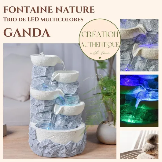 Fontaine d’Intérieur Cascade 4 Niveaux Jarre Effet Pierre Naturelle Lumière LED Coloré, Déco d’intérieur Zen et Reposant, Fontaine de Table, Idée Cadeau Exceptionnelle, H 31cm – Ganda Zen’Light Gris
