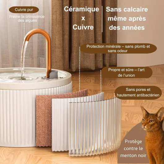 Misfans Fontaine a Eau Chat 2.1L en céramique avec Tube en cuivre Anti-algues, Fontaine à Eau pour Chat silencieuse avec Filtre, Facile à Nettoyer, Design Relief, Beige Beige + 2,1 L