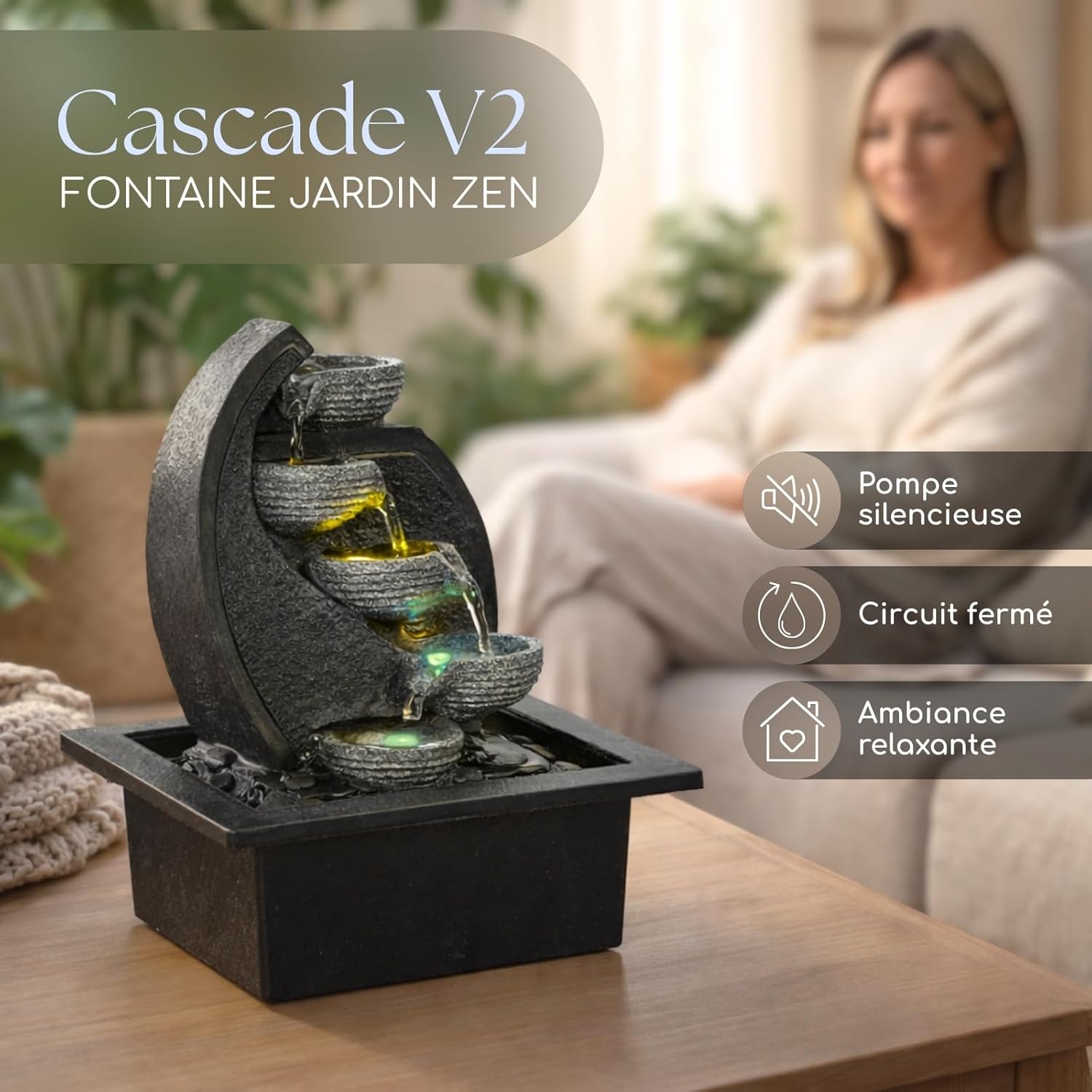 Zen'Light - Fontaine d’Intérieur Cascade V2 4 Niveaux en Jarre Effet Pierre Naturelle avec Lumière LED Coloré - Décor de Table Zen Moderne, Idéal Méditation et Détente - H 26 cm Unique