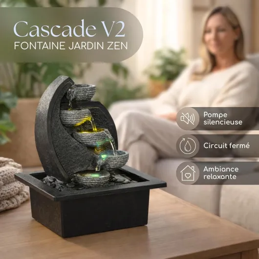 Zen'Light - Fontaine d’Intérieur Cascade V2 4 Niveaux en Jarre Effet Pierre Naturelle avec Lumière LED Coloré - Décor de Table Zen Moderne, Idéal Méditation et Détente - H 26 cm Unique
