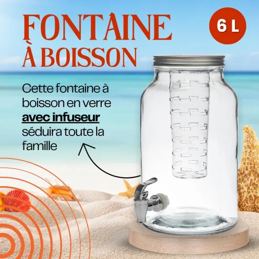 Distributeur Boisson avec Infuseur et Robinet 6 L - Fontaine à Eau et Cocktail - Design Diamant - Bol à Punch - Jarre en Verre pour Limonades - Bonbonne - Bocal - Fêtes et Anniversaires