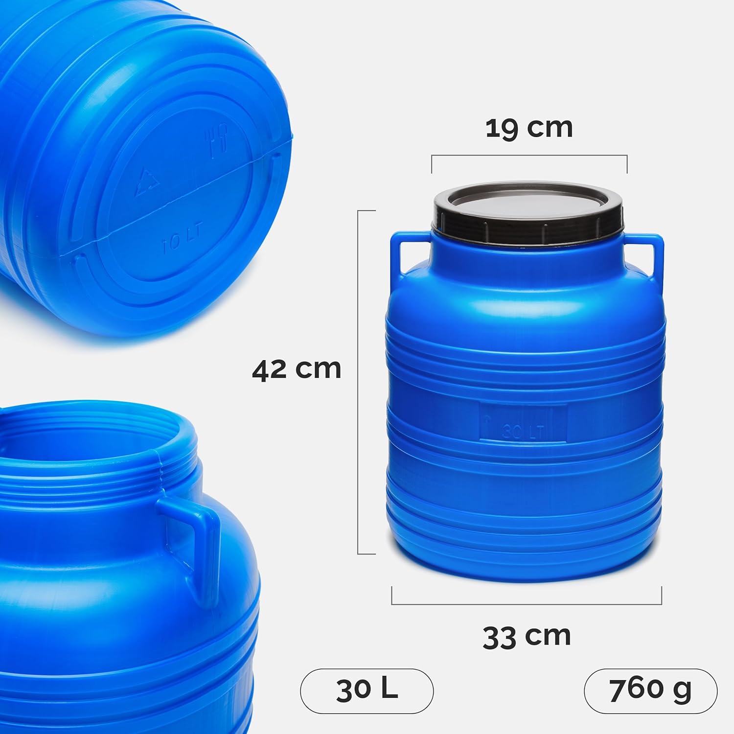 Lot de 2 réservoir d'eau de 30 L, Baril Alimentaire, fût à Large Ouverture en HDPE et sans BPA, tonneau de Jardin, bac à Aliments pour Animaux, conteneur d'eau, tonneau Universel GD-0078 2 30L