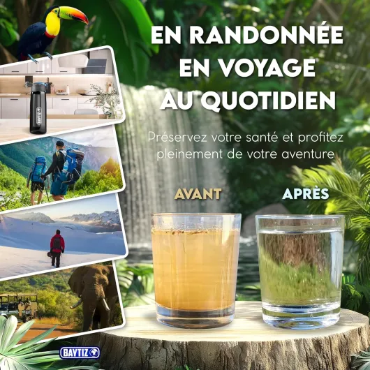 ® Gourde Filtrante + Paille de Survie au Charbon Actif - Bouteille Filtre à Eau Nomade : Voyage Randonnée Trek Camping Kit Purificateur Réutilisable + Boussole Plastique Sac Pluie Catastrophe