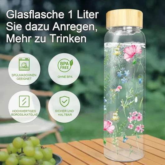 Bouteille D'Eau Verre 1000 ml / 1 Litre,Bouteilles Verre Large Ouverture 5,5 cm Avec Couvercle Protection Passoire Acier Inoxydable,Bouteille Sans Bpa Étanche Adaptée Boissons Gazeuses (Rose-Violet) Fleurs Roses et Violettes