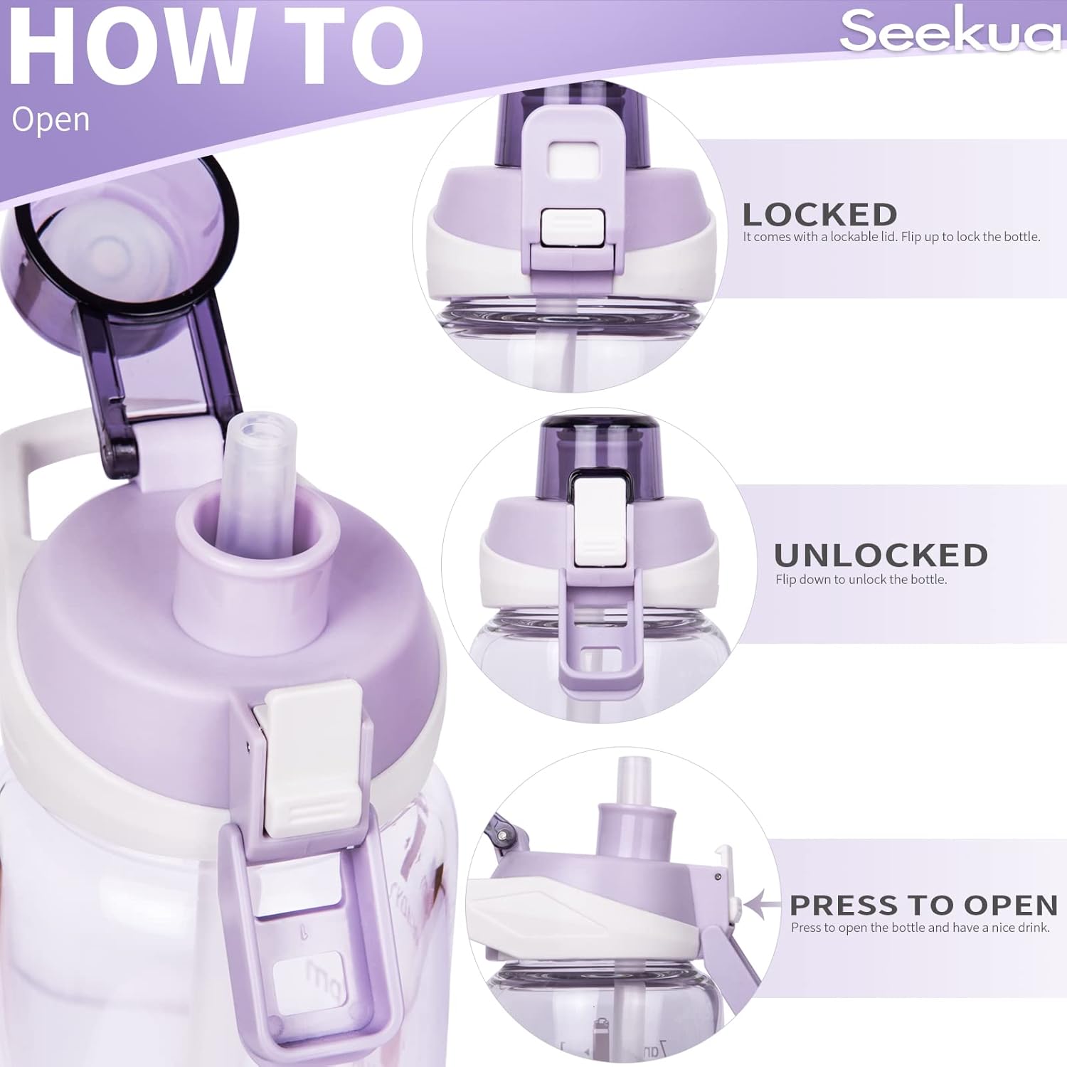 1l Sport Gourde Verre avec Paille & Heure de Motivation 1 litre grande Bouteille d'eau Verre Réutilisable sans BPA avec Marqueur de Temps Violette 1000 ml
