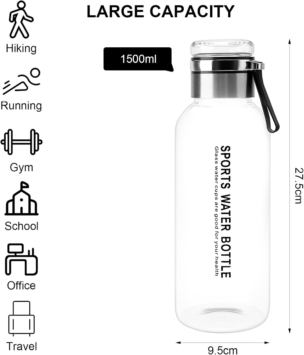 Bouteille en verre de 1,5 l - Gourde en verre - Bouteille d'eau en verre - Bouteille en verre avec protection - Carafe en verre avec filtre - Bouteille en verre avec couvercle en verre