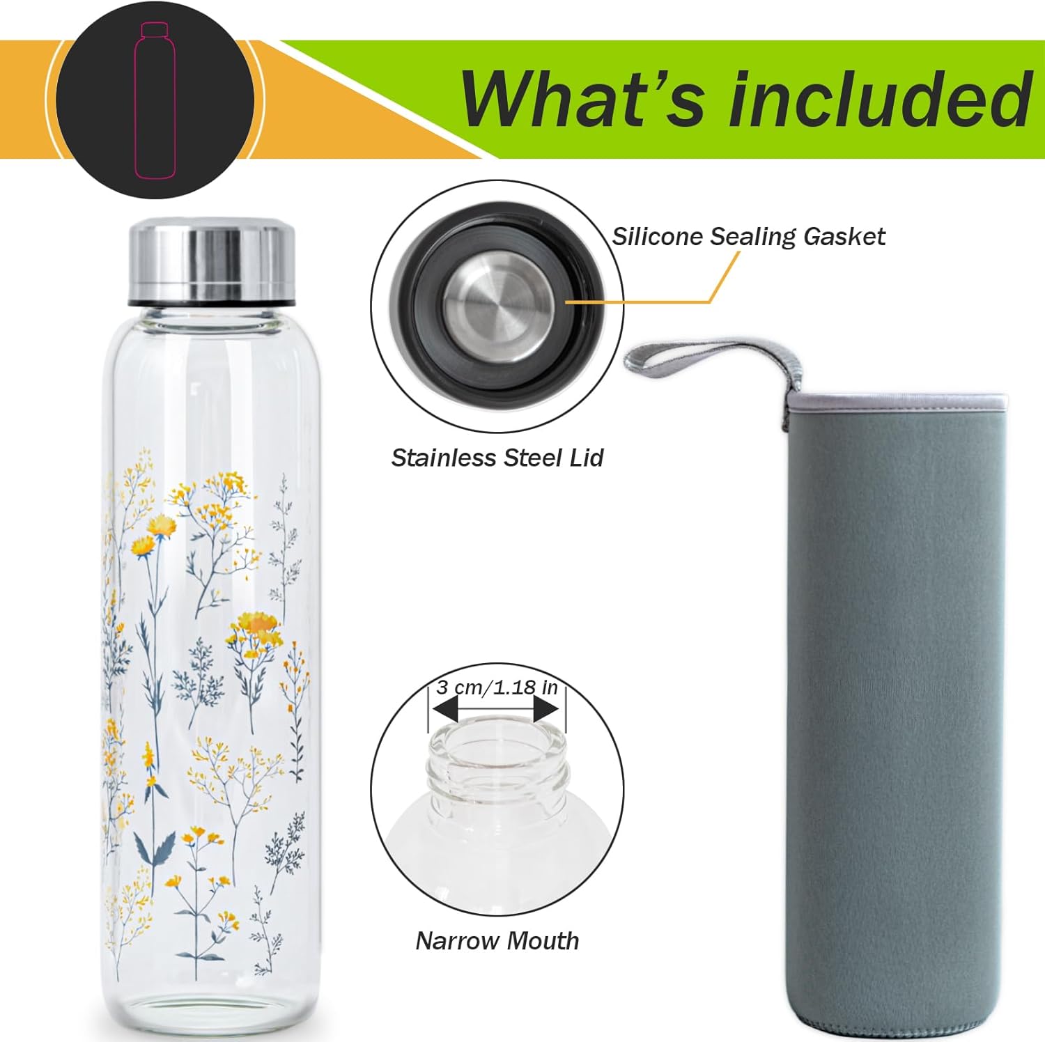 500ml Gourde Verre 0.5l Bouteille D'eau Verre sans bpa 500 ml Fleurs Jaunes Dispersées