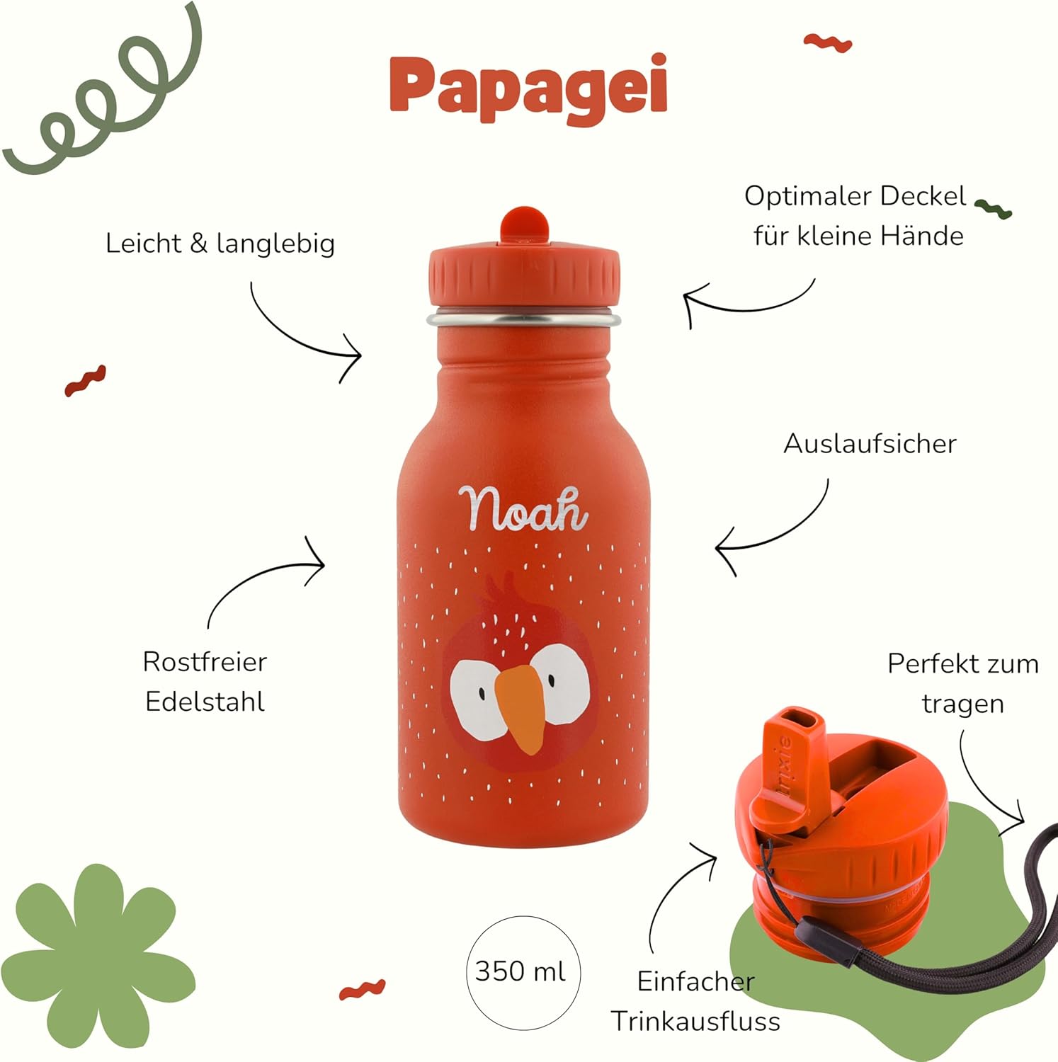 Trixie Sac à dos et gourde pour enfants, sac à dos de maternelle, sac à dos et gourde pour enfants, personnalisables avec nom individuel ou en kit 500 ml Perroquet