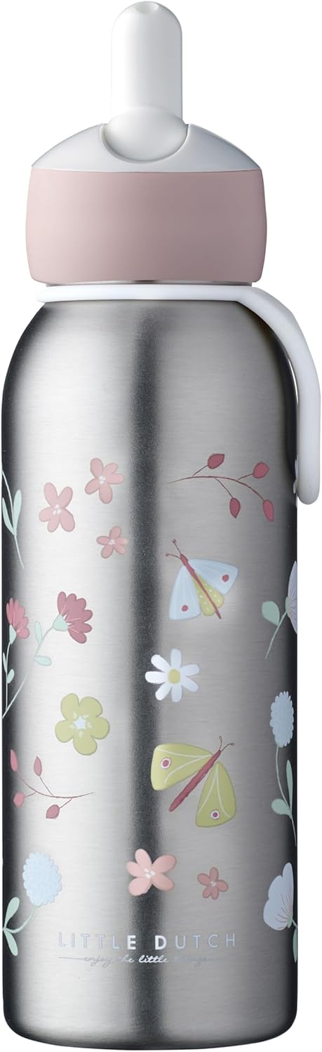 Bouteille Isotherme Flip-up Campus Little Dutch - Gourde Thermos pour Enfants - Bouteille en Acier Inoxydable - 4 Heures Chaudes et 12 Heures Froides - 350 ml - Flowers & Butterflies