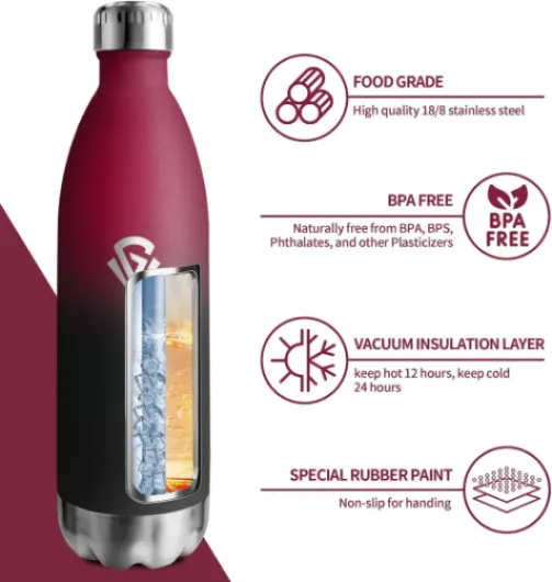 Gourde Inox 1L, Gourde Isotherme sans BPA, Gourde Métal Réutilisable Étanche, Double Paroi, Bouteille Isotherme pour Adulte, Sport, École, Bureau, Gym, Yoga, Camping 1000ml-rot-schwarz 1000 ml
