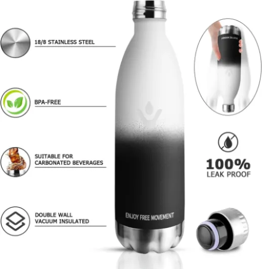 Gourde Isotherme 1L, Étanche, Gourde Métal sans BPA, Bouteille d'eau Double Paroi, Réutilisable, Bouteille Isotherme en Acier Inoxydable, Gourde Inox pour Sport, Gym, École, Bureau, Randonnée Blanc - Noir 1000 ml