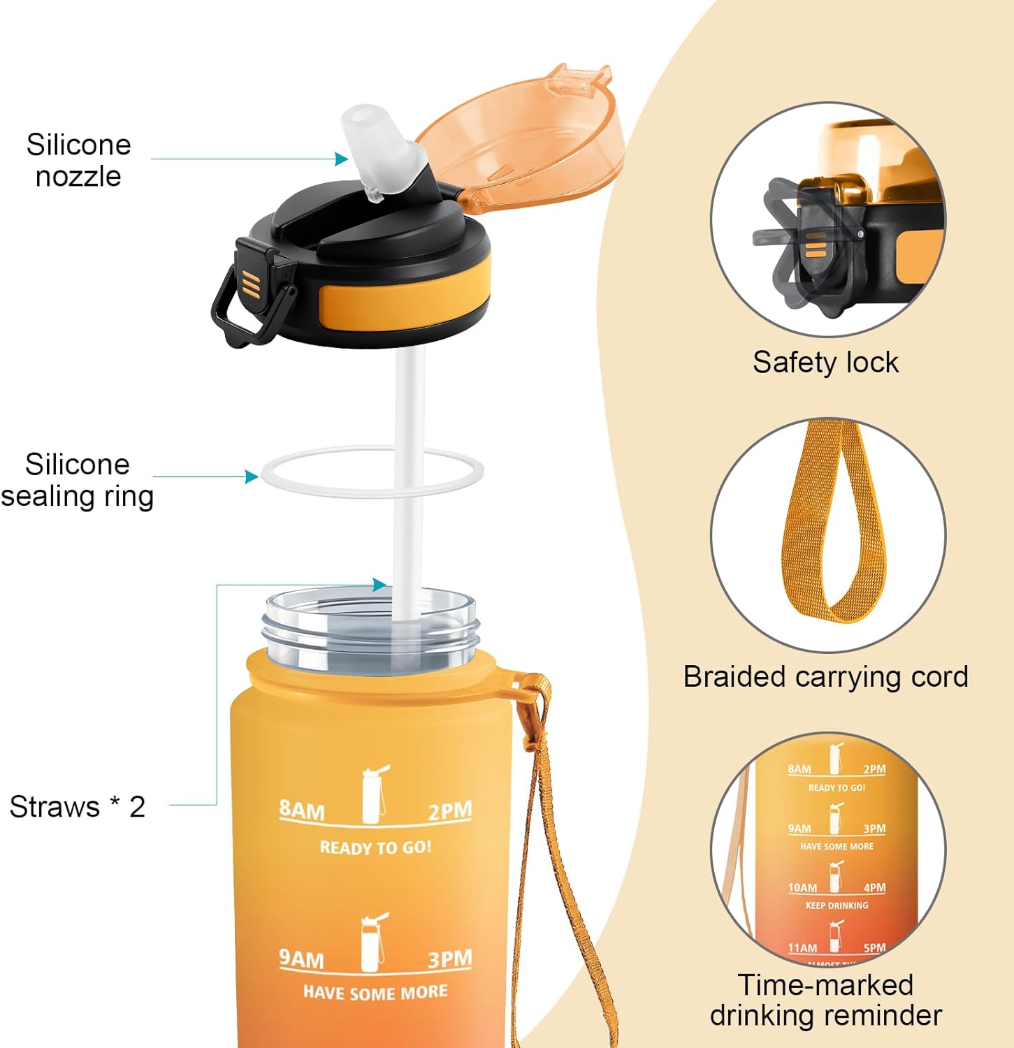 Bouteille 500ml, Gourde Idratation avec Paille et Marqueur, Anti-Fuite, Réutilisable, Légère, pour Montagne, Relax, Escapade 500ml Jaune Ambre-orange 500 ml