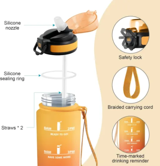 Bouteille 500ml, Gourde Idratation avec Paille et Marqueur, Anti-Fuite, Réutilisable, Légère, pour Montagne, Relax, Escapade 500ml Jaune Ambre-orange 500 ml