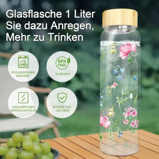 Test Bouteille d'Eau Verre 1 L KYOEOE : jolie gourde fleurie mais pas sans défauts