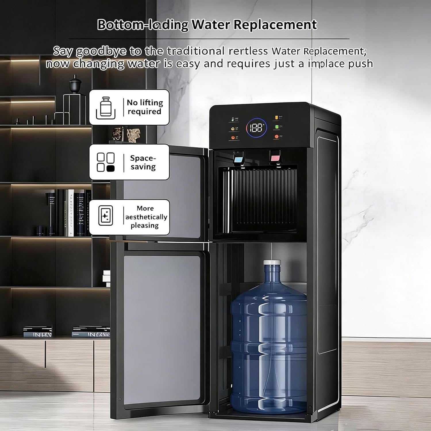 Distributeur Eau Design Noir Moderne À Chargement par Le Bas, Refroidisseur d'eau Chaude/Froide Silencieux avec Sécurité Enfant,Fontaine Eau pour La Maison