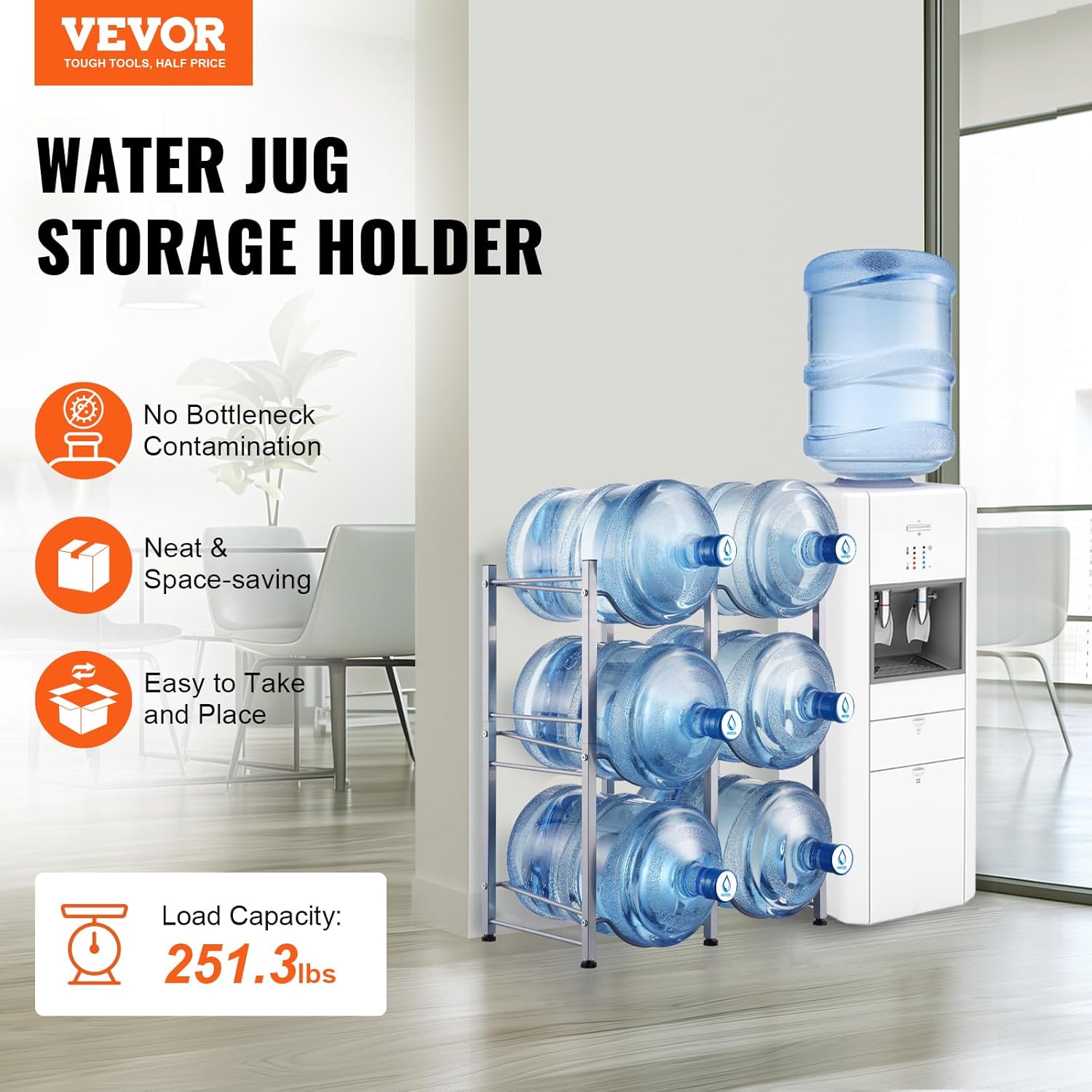 Rack à Bonbonnes à 3 Niveaux et 2 Rangée, Support Bouteille d’Eau de 18,9 L, Capacité 6 Pièces, Range Bonbonnes d’Eau Solide, Rangement pour Garde-Manger, Cuisine, Bureau, Salon, Usine, Argenté Industrielle Argenté