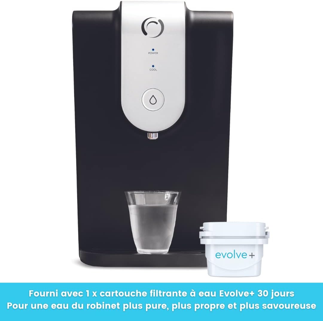 Aqua Optima Lumi, Refroidisseur d'eau Filtré et Distributeur d'eau de Comptoir, Capacité de 8,2 litres, avec 1 Cartouche Filtrante Evolve+ 30 Jours, Noir, Plastique Unique
