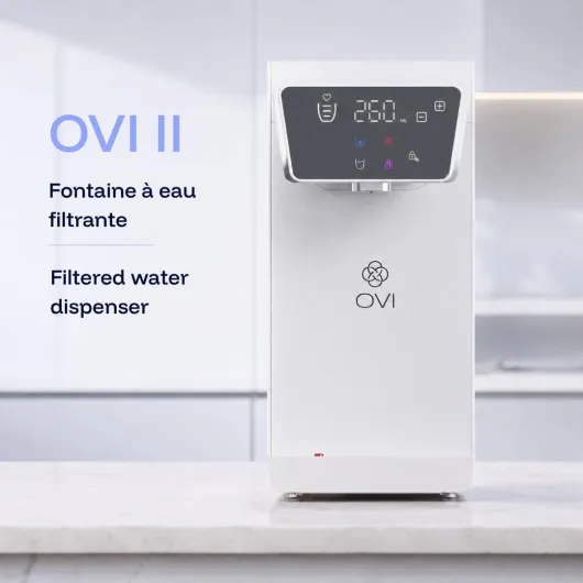 OVI II Distributeur d’Eau Chaude, Froide & Tempérée Instantané - Fontaine à Eau Filtrée 4 Étapes Anti-Bactéries & PFAS - Connexion Directe - Idéal Famille & Bébé - Blanc