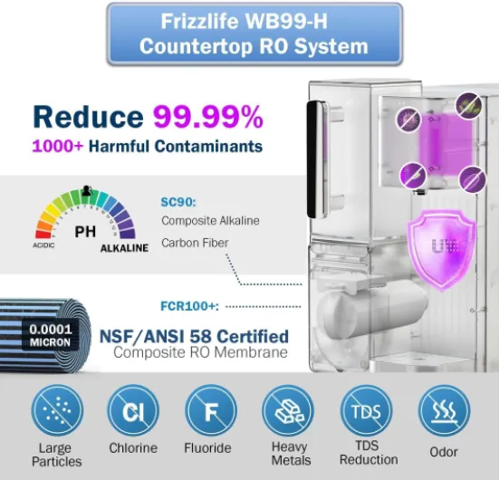 WB99-H Système d'osmose inverse de comptoir, distributeur d'eau chaude instantanée, Eau alcaline avec pichet, éléments certifiés NSF/ANSI 58, température & volume réglables, surveillance TDS WB99-H avec fonction chauffage