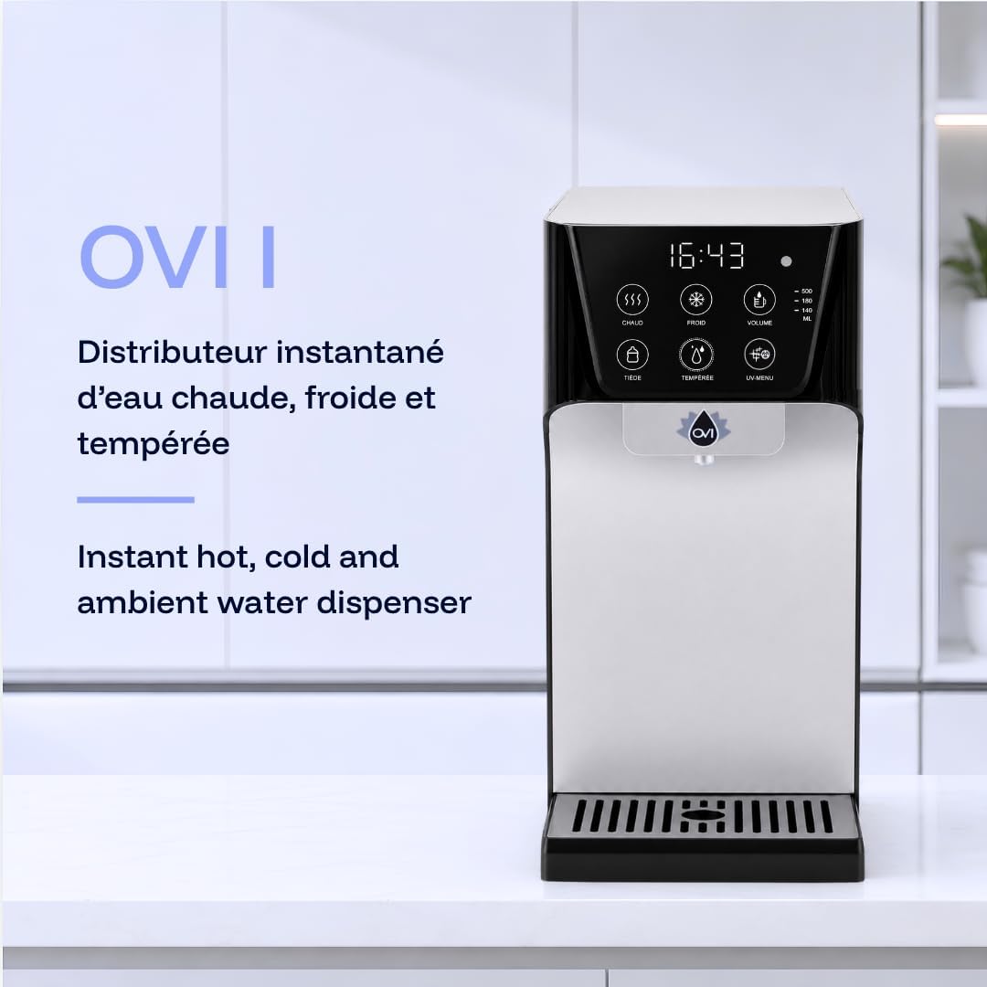 OVI I Distributeur d’Eau Chaude, Froide & Tempérée Instantané - Fontaine à Eau Filtrée 4 Étapes Anti-Bactéries & PFAS - Connexion Directe - Idéal Famille & Bébé - Noir