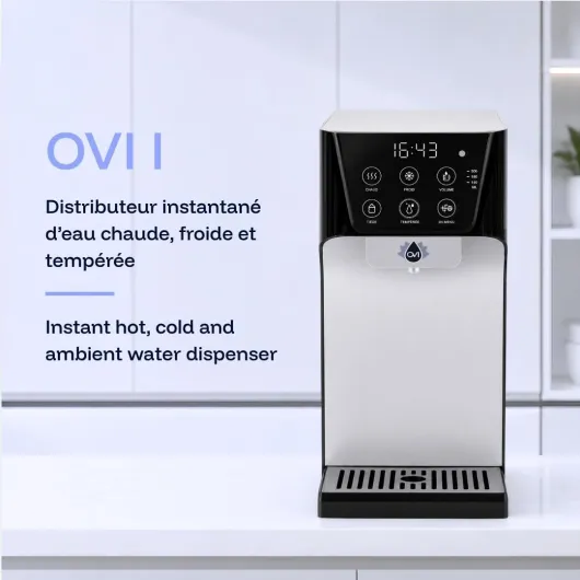 OVI I Distributeur d’Eau Chaude, Froide & Tempérée Instantané - Fontaine à Eau Filtrée 4 Étapes Anti-Bactéries & PFAS - Connexion Directe - Idéal Famille & Bébé - Noir